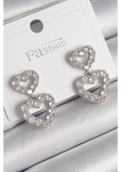 Bfs Pirinç Gümüş Renk Zirkon Taşlı Sallantı Kalp Model Kadın Küpe