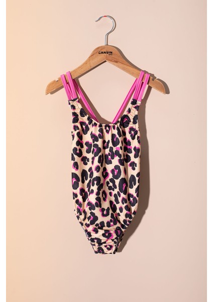 Kahve Leopar Desenli Askılı Kız Çocuk Mayo 21072