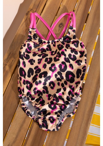 Kahve Leopar Desenli Askılı Kız Çocuk Mayo 21072 modelleri