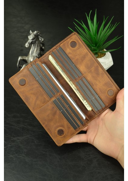 Telefon Bölmeli Cüzdan Mıknatıslı ve El Bantlı Büyük Cüzdan Deri Cüzdan