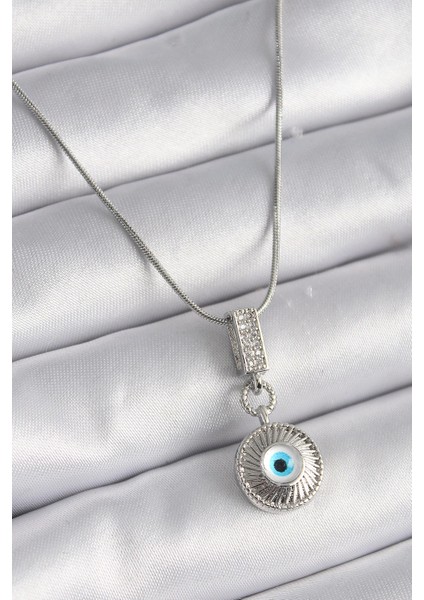 Bfs 316L Çelik Gümüş Renk Zirkon Taşlı Nazar Boncuk Model Kadın Kolye