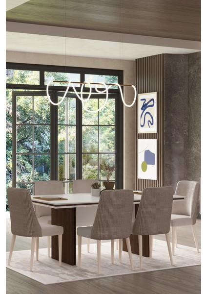 Bendis 6 Sandalye 1 Sabit Masa Yemek Masası Takımı 6 Kişilik - Beyaz&gold