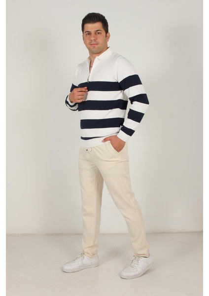 3003 Yakası Fermuarlı Yakalı Çizgili Kazak