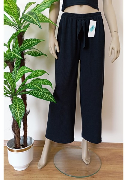 Kadın Siyah Beli Lastikli Dökümlü Geniş Paça Burgu Kumaş Palazzo Pantolon fırsatları