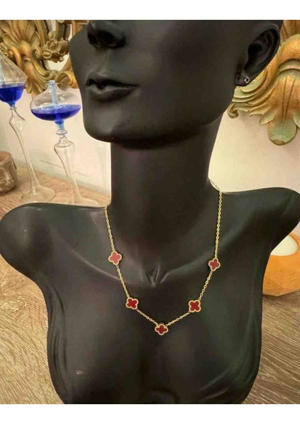 Gold Bordo Yonca Model Çelik Kolye