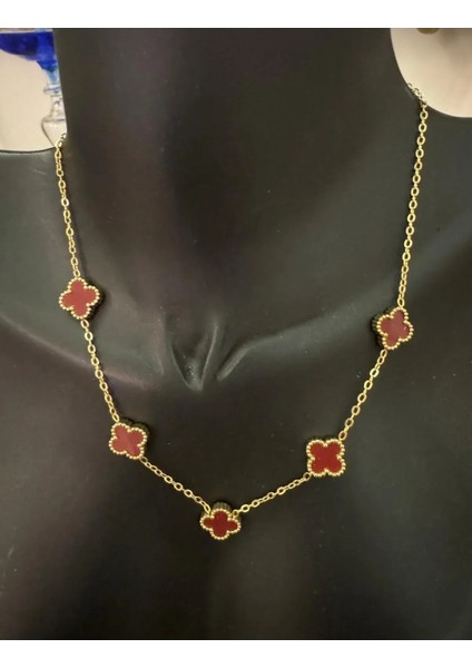 Gold Bordo Yonca Model Çelik Kolye modelleri