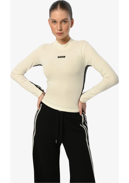 Şeritli Krop Bluz - Ekru