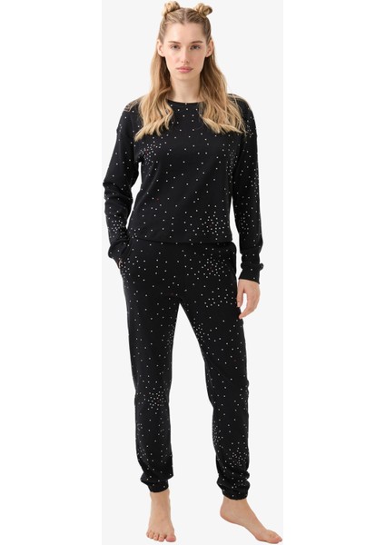 Kadın Siyah Kalp Desenli Pijama Takımı – Yuvarlak Yaka & Paça Lastikli C5T4N915 fiyatları