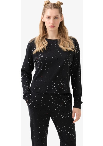 Kadın Siyah Kalp Desenli Pijama Takımı – Yuvarlak Yaka & Paça Lastikli C5T4N915 fırsatları