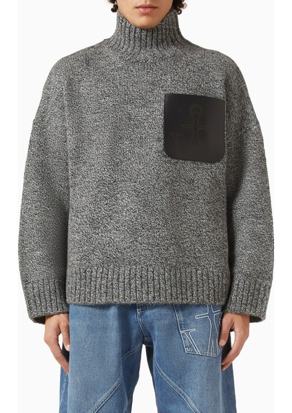 Patch Pocket Jumper, Yün Karışımlı Balıkçı Yaka Kışlık Kazağı, Gri