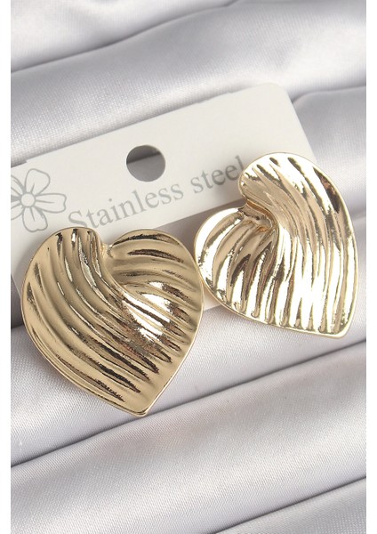 Bfs Pirinç Gold Renk Işlemeli Plaka Kalp Model Kadın Küpe