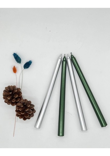 2'li Metalik Gri ve Yeşil-Şamdan Mum-Konik Mum