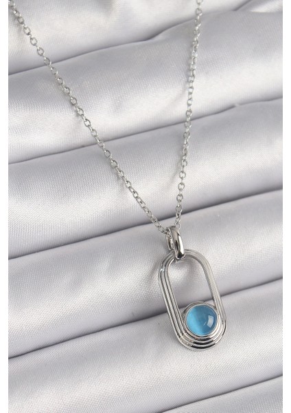 Bfs 316L Çelik Gümüş Renk Zincir Mavi Kedi Göz Model Kadın Kolye