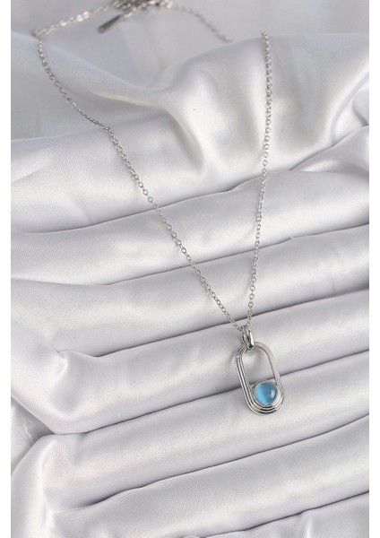 Bfs 316L Çelik Gümüş Renk Zincir Mavi Kedi Göz Model Kadın Kolye fiyatları