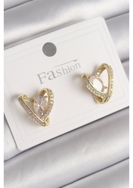 Bfs Pirinç Gold Renk Zirkon Taşlı Kalp Model Kadın Küpe