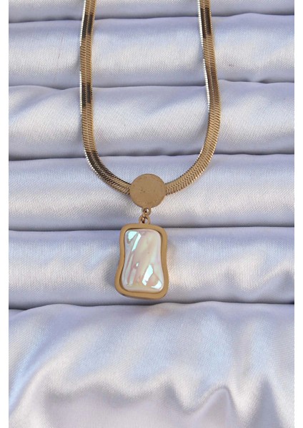 Bfs 316L Çelik Gold Renk Italyan Zincir Ezme Taşlı Kolye