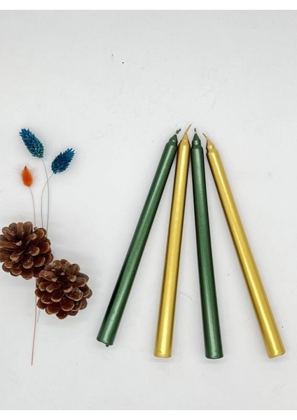 4'lü Metalik Yeşil ve Gold -Şamdan Mum-Konik Mum