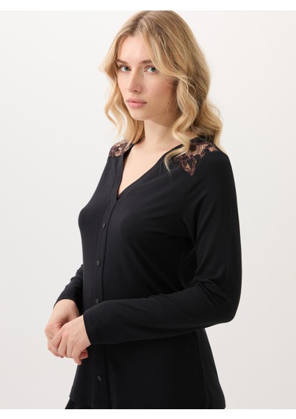 Kadın Siyah Önden Düğmeli Dantel Detaylı Pijama Takımı – Uzun Kollu, V Yaka C2T0N915 modelleri