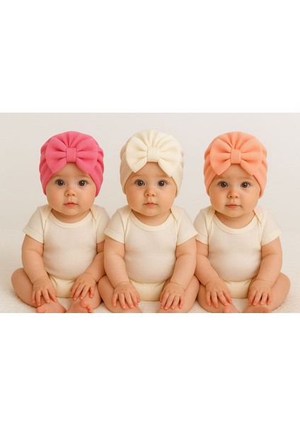 Fiyonklu Çift Kat Bebek Bone 3'lü Set-Pembe/beyaz/pudra