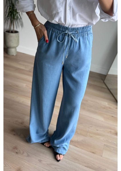 Mavi Beli Lastikli Bol Paça Salaş Model Ince Kot Pantolon fiyatları