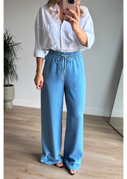 Mavi Beli Lastikli Bol Paça Salaş Model Ince Kot Pantolon modelleri