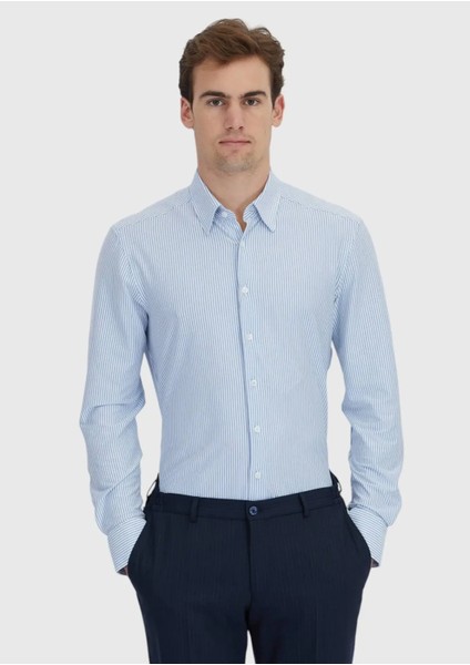 Açık Mavi Çizgili Regular Fit Klasik Pamuk Karışımlı Gömlek