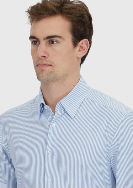 Açık Mavi Çizgili Regular Fit Klasik Pamuk Karışımlı Gömlek modelleri