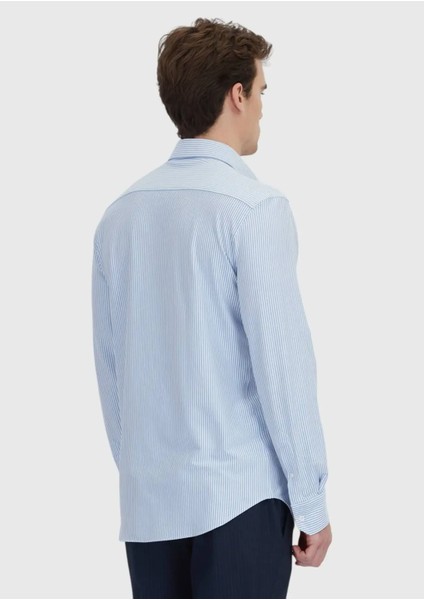 Açık Mavi Çizgili Regular Fit Klasik Pamuk Karışımlı Gömlek indirimleri