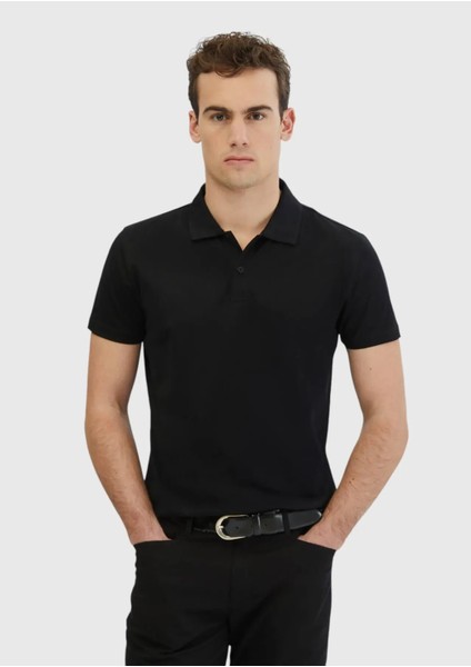 Siyah Düz Polo Yaka %100 Pamuk T-Shirt