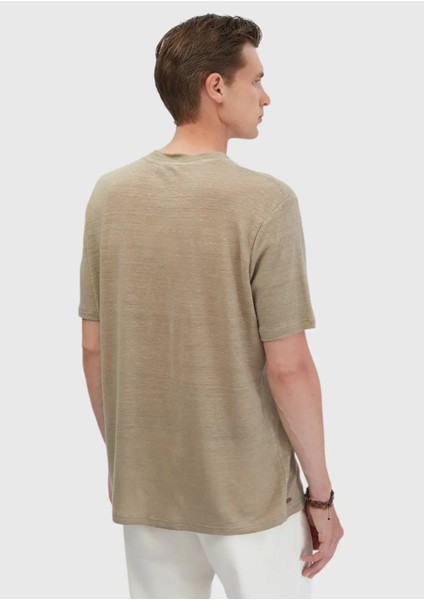 Vizon Düz Bisiklet Yaka %100 Keten T-Shirt fırsatları