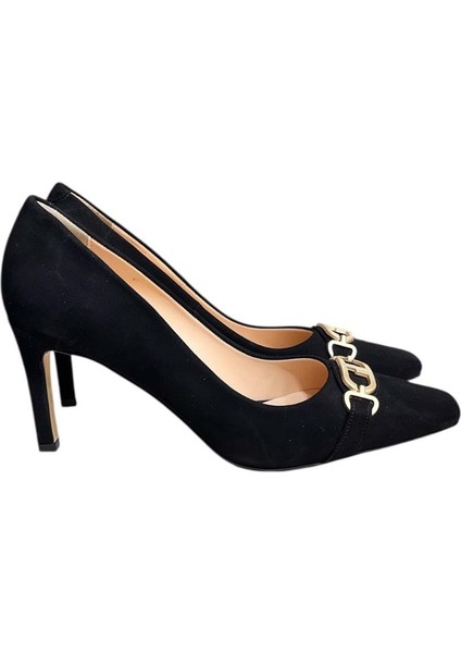Siyah Süet Hakiki Deri Toka Detay Topuklu Ayakkabı
