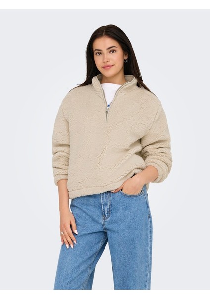 Kadın Yarım Fermuarlı Peluş Bej Sweatshirt - 15311631