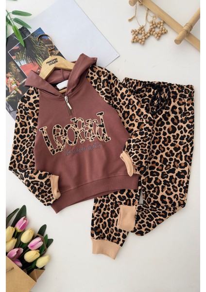 Leopard Kapüşonlu Kız Çocuk Leopar Eşofman takım - Kahverengi