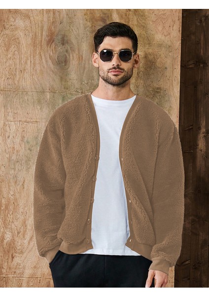 Camel V Yaka Düğmeli Peluş Hırka