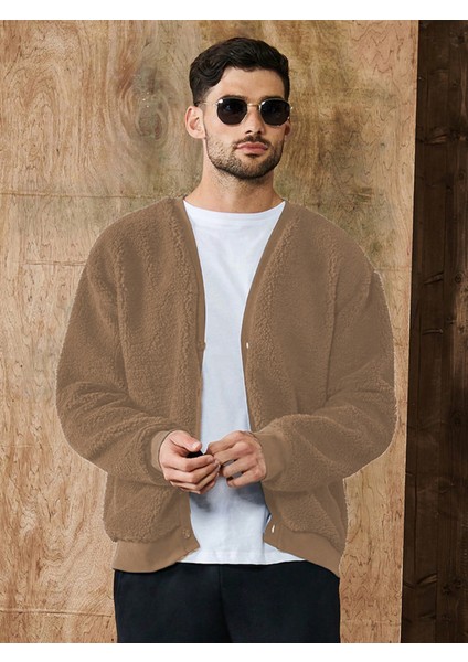 Camel V Yaka Düğmeli Peluş Hırka modelleri