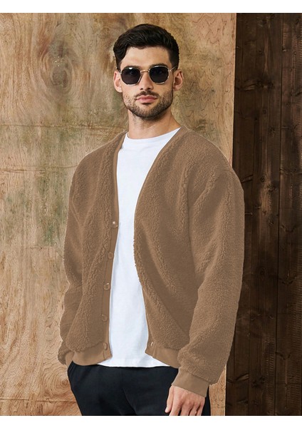 Camel V Yaka Düğmeli Peluş Hırka fırsatları