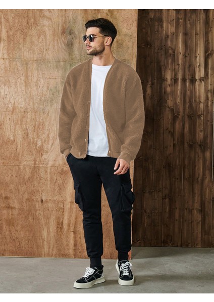 Camel V Yaka Düğmeli Peluş Hırka indirimleri