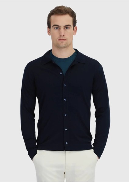 Lacivert Polo Yaka Düz Örgü Yün Karışımlı Hırka