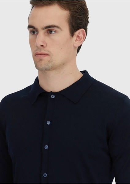 Lacivert Polo Yaka Düz Örgü Yün Karışımlı Hırka fırsatları