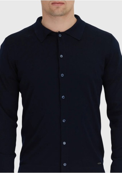 Lacivert Polo Yaka Düz Örgü Yün Karışımlı Hırka indirimleri