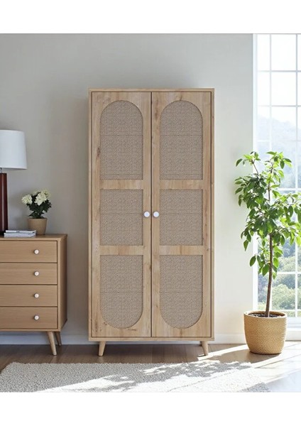 Bali Bohem Jüt 2 Kapaklı Gardırop – Jüt Kumaş Mdf Kapaklı, Meşe
