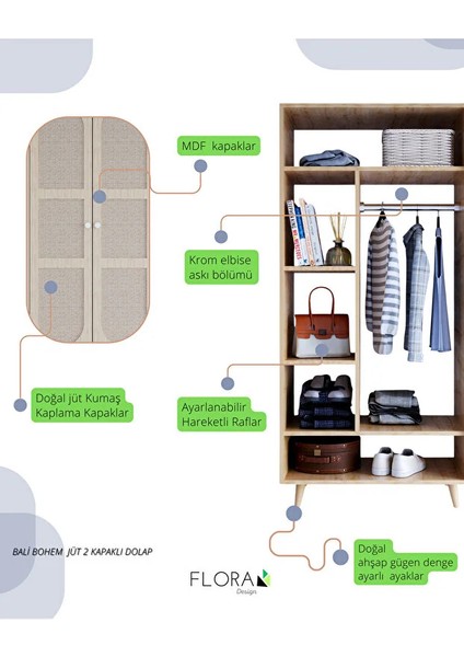 Bali Bohem Jüt 2 Kapaklı Gardırop – Jüt Kumaş Mdf Kapaklı, Meşe