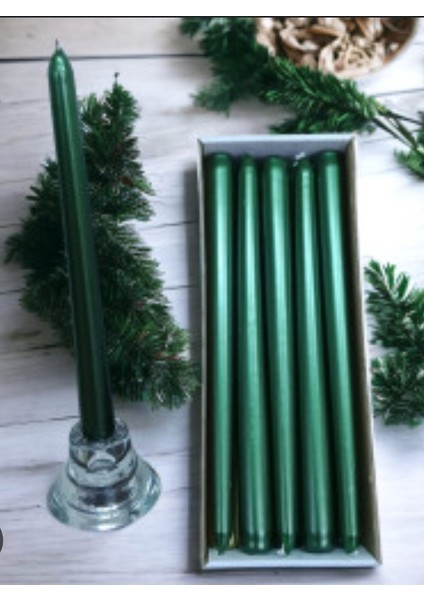 10'lu Metalik Yeşil- Şamdan Mum-Konik Mum