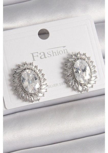 Bfs Pirinç Gümüş Renk Zirkon Taşlı Kadın Küpe