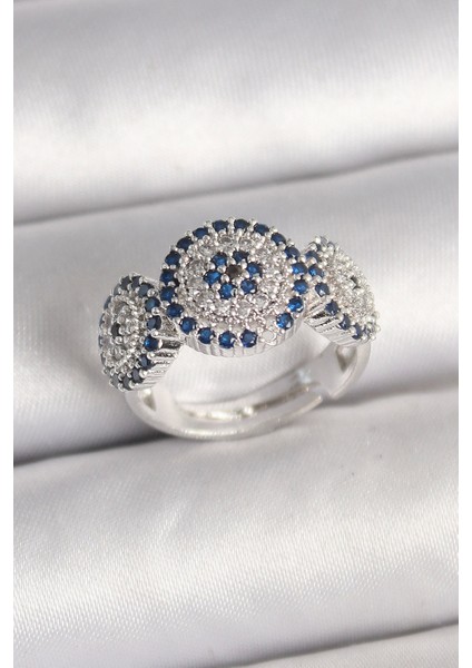 Bfs Pirinç Gümüş Renk Zirkon Taşlı Nazar Boncuk Model Ayarlanabilir Kadın Yüzük