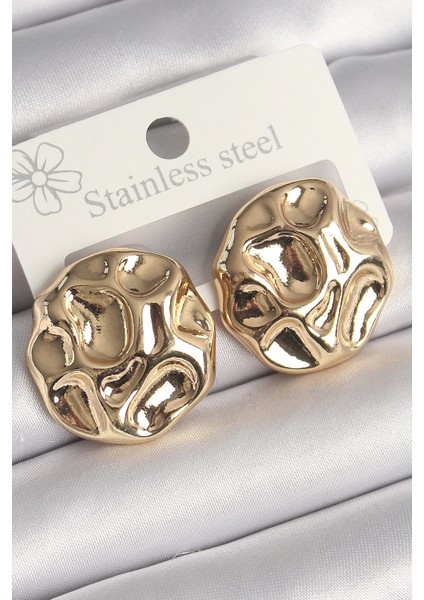 Bfs Pirinç Gold Renk Işlemeli Daire Plaka Model Kadın Küpe