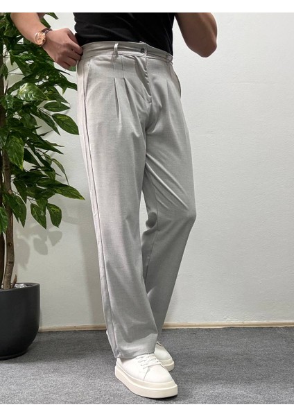 Erkek Gri Pileli Kumaş Pantolon Modern Düğmeli Şık ve Günlük Kullanıma Uygun Şık