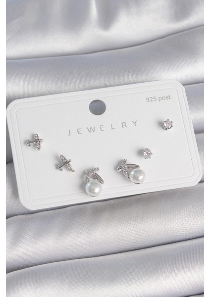 Bfs Pirinç Gümüş Renk Zirkon Taşlı Kelebek Model Inci Detay 925 Ayar Gümüş Çivi Kadın Küpe Seti