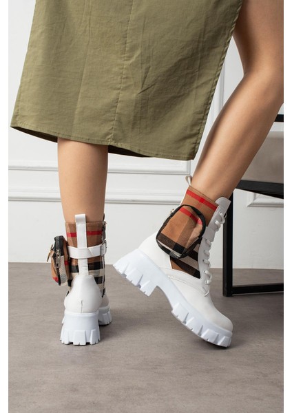 Lorbi Kadın Bot Çantalı Postal Ekoseli Kumaşlı Beyaz Deri fiyatları