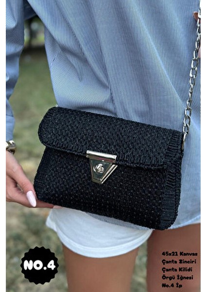 Belek - Simli Siyah Çanta Örgü Kiti 45X21 (Çanta Zinciri, Kanvas, Simli No.4 200 gr Ip, Kilit, Iğne)
